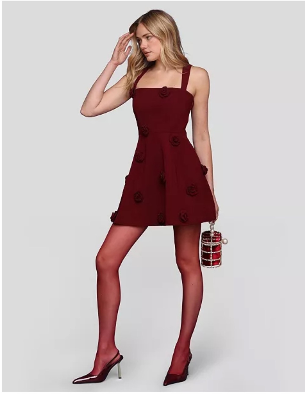Avec Les Filles Burgundy Floral-Applique Mini Dress